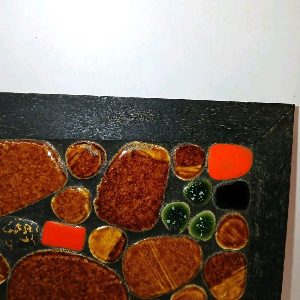 Brown Orange Black Brown Mosaic Stone Tile MCM Trivet Hot Plate Made in Japan